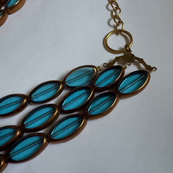 💙 Teal Blue Beaded Statement Necklace 3-Strand Gold Hardware - Picture 7 of 8